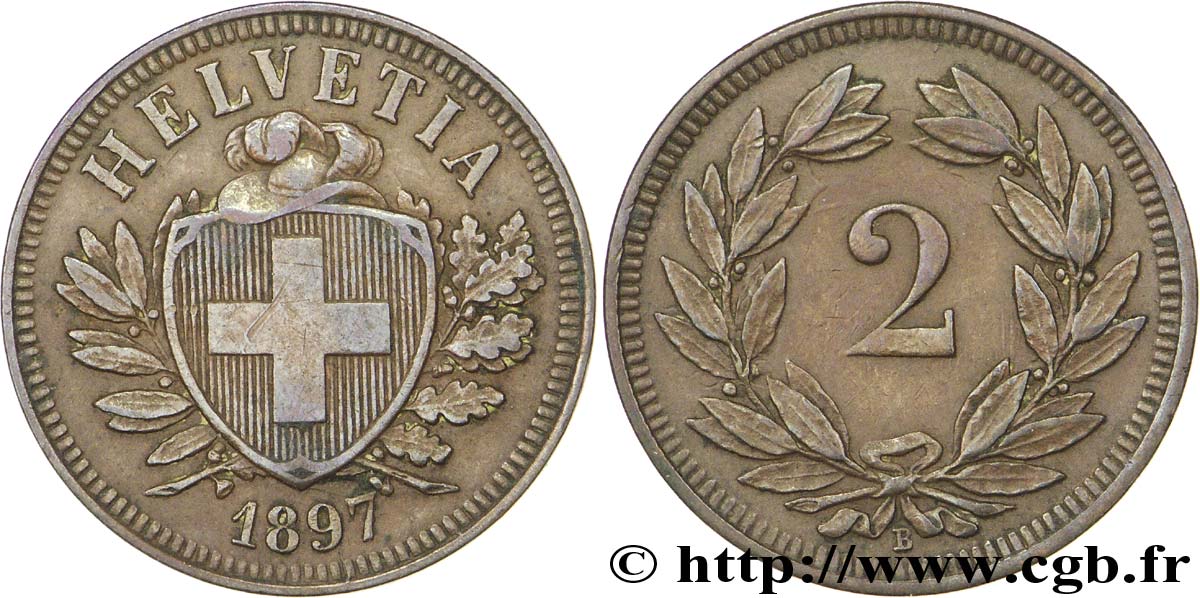 SUISSE 2 Centimes (Rappen) croix suisse 1897 Berne - B SUP 