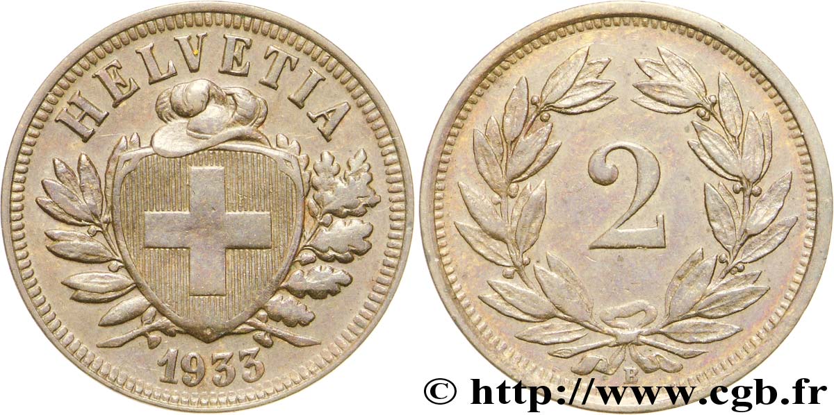 SUISSE 2 Centimes (Rappen) croix suisse 1933 Berne - B SUP 