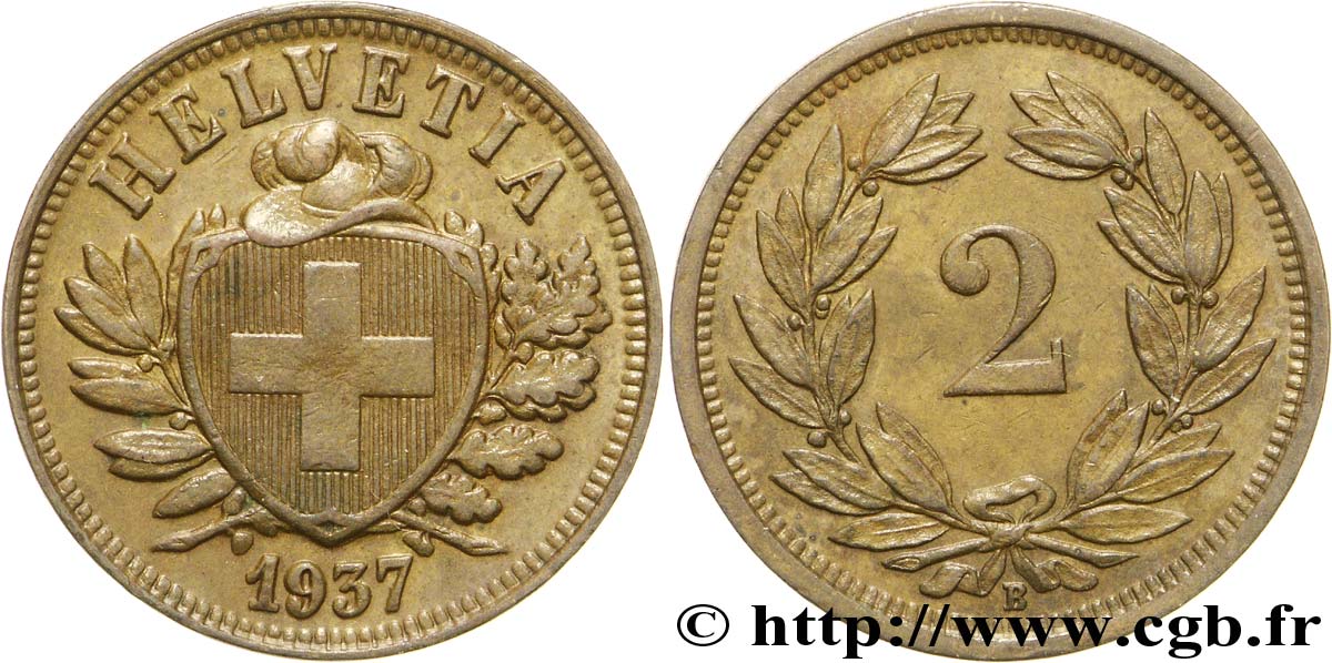 SUISSE 2 Centimes (Rappen) croix suisse 1937 Berne - B SUP 
