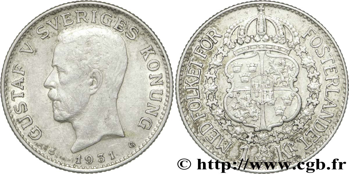 SUÈDE 1 Krona Gustave V / armes 1931  TTB+ 