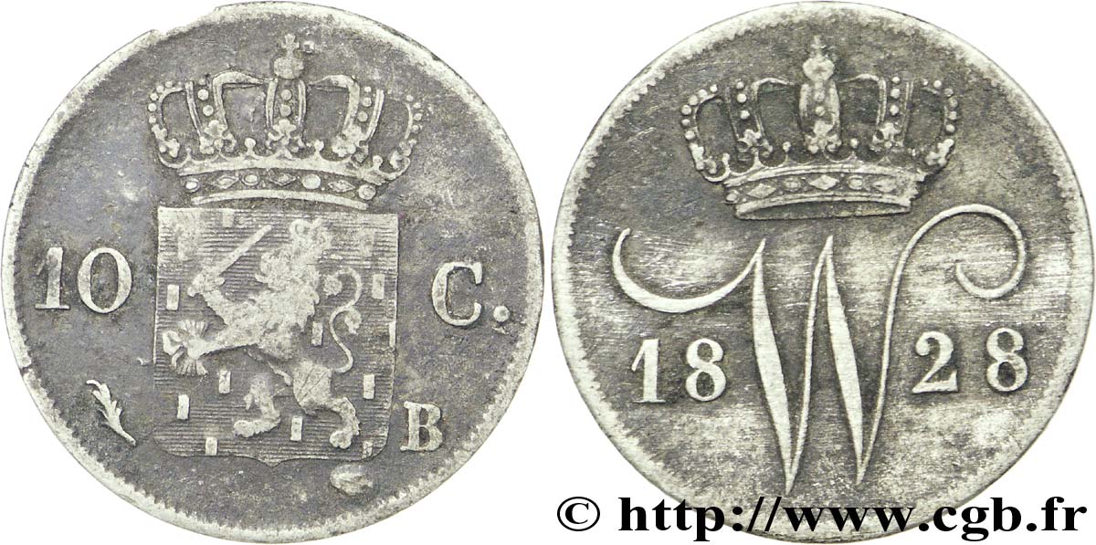 PAYS-BAS 10 Cents emblème monogramme de Guillaume Ier 1828 Bruxelles - B TB 