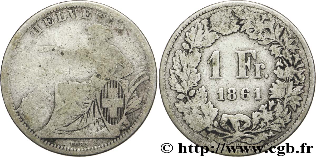 SUISSE 1 Franc Helvetia 1861 Berne - B B+ 