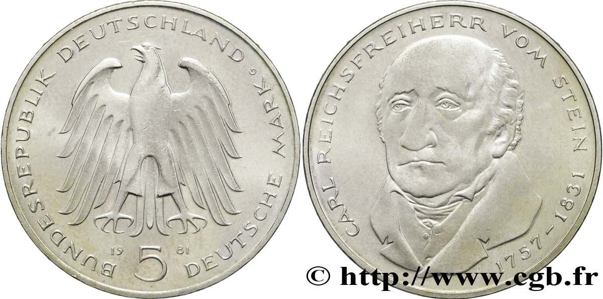 GERMANY 5 Mark aigle héraldique / le baron Heinrich Friedrich Karl vom und zum Stein  1981 Karlsruhe - G AU 