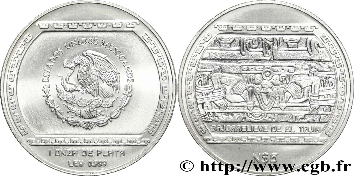 MEXIQUE 5 Nuevos Pesos (1 once) aigle / pyramide de la ville Totonaque de El Tajin 1993 Mexico SPL 
