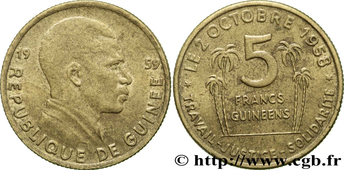 GUINÉE 5 Francs président Ahmed Sekou Touré 1959  SUP 