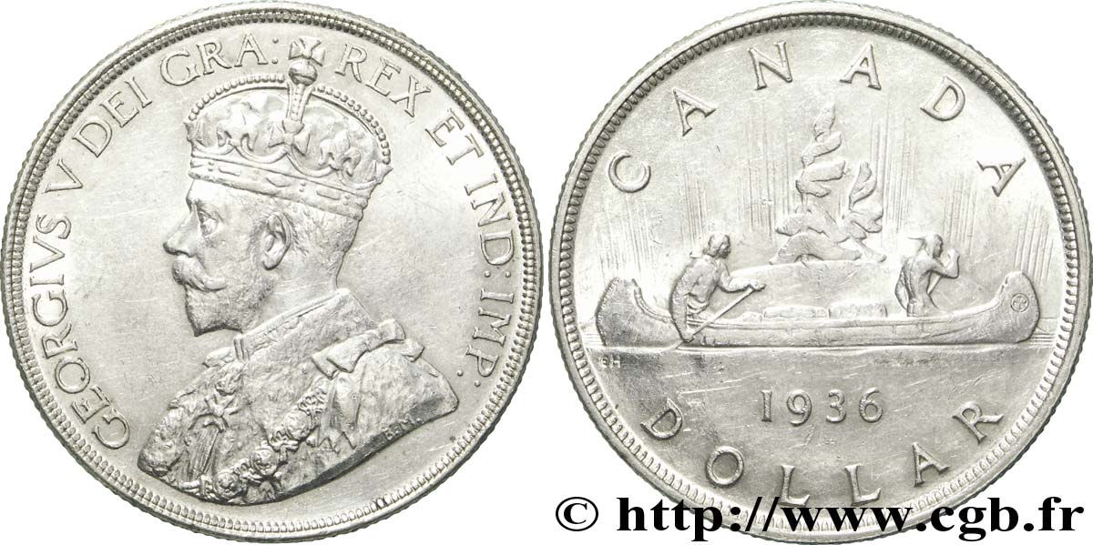 CANADA 1 Dollar Georges V jubilé d’argent / canoe avec indiens 1936  TTB+ 