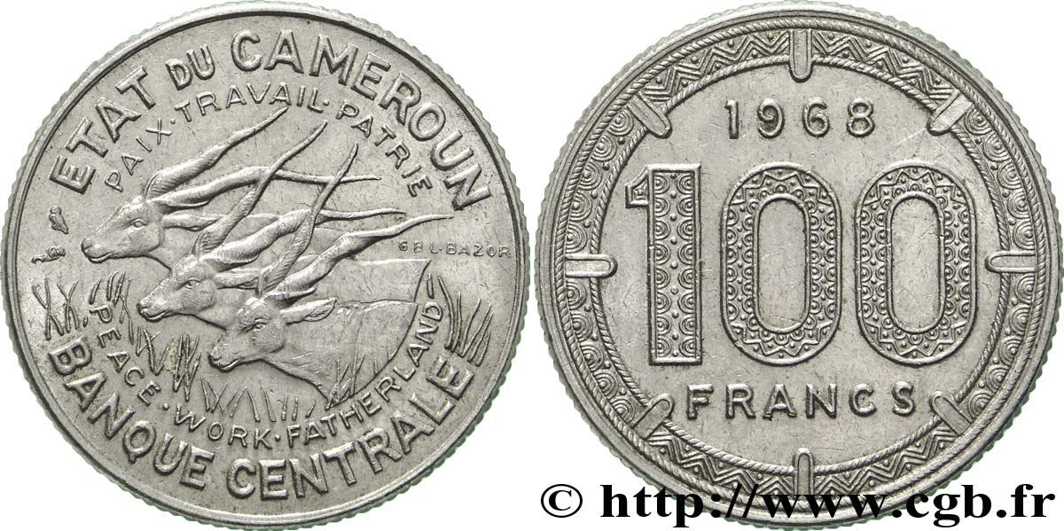 CAMEROUN 100 Francs Etat du Cameroun, antilopes 1968 Paris SUP 