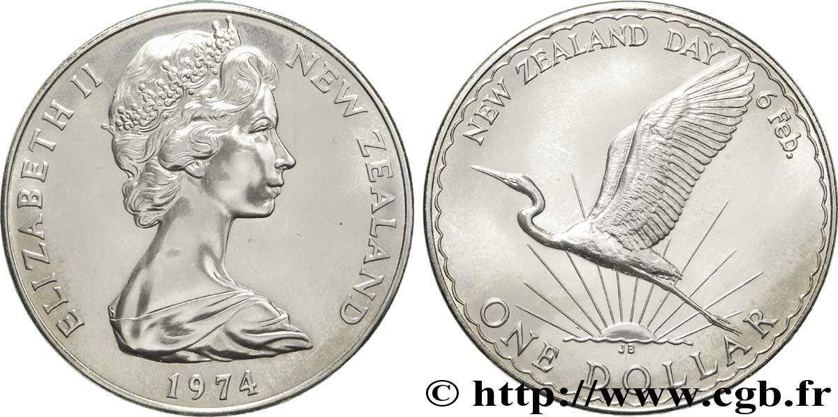 NOUVELLE-ZÉLANDE 1 Dollar Elisabeth II / grande égrette 1974  SPL 