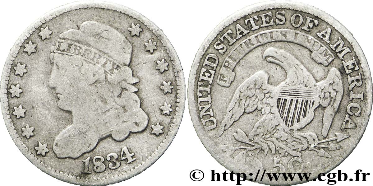 ÉTATS-UNIS D AMÉRIQUE 5 Cents “capped bust” 1834 Philadelphie TB+ 