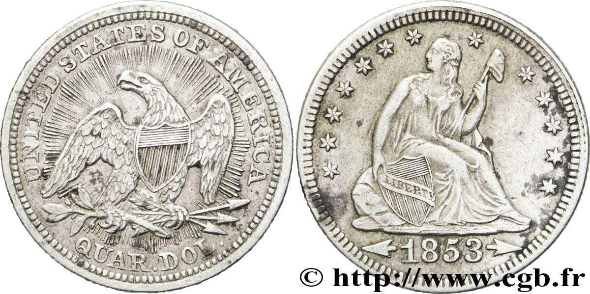 ÉTATS-UNIS D AMÉRIQUE 1/4 Dollar Liberté assise type de 1853 avec rayons autour de l’aigle 1853 Philadelphie TTB 