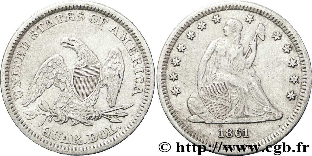 ÉTATS-UNIS D AMÉRIQUE 1/4 Dollar Liberté assise type de 1856-1865 1861 Nouvelle-Orléans - O TTB 