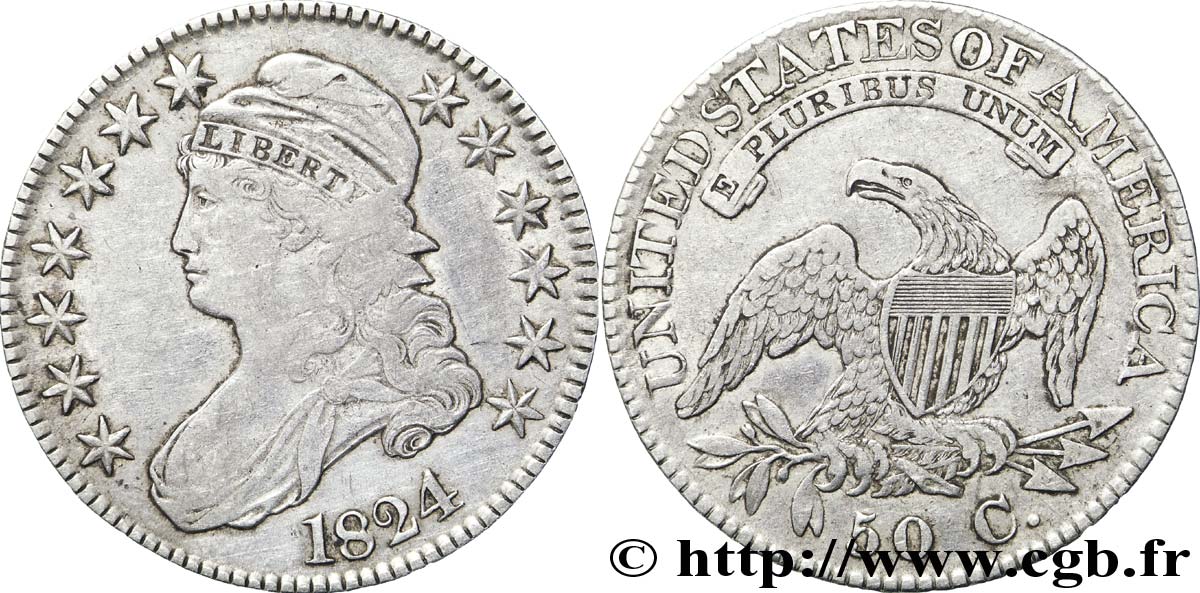 ÉTATS-UNIS D AMÉRIQUE 50 Cents (1/2 Dollar) type “Capped Bust” 1824 Philadelphie TTB 