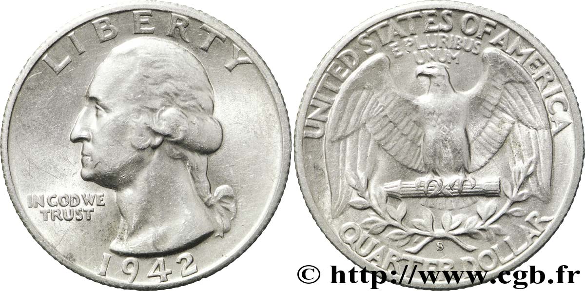 ÉTATS-UNIS D AMÉRIQUE 1/4 Dollar Georges Washington 1942 San Francisco - S SUP 