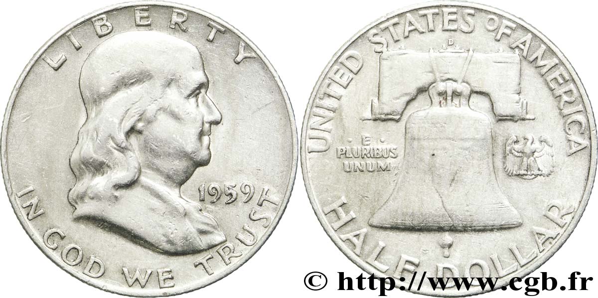 ÉTATS-UNIS D AMÉRIQUE 1/2 Dollar Benjamin Franklin 1959 Denver TB+ 