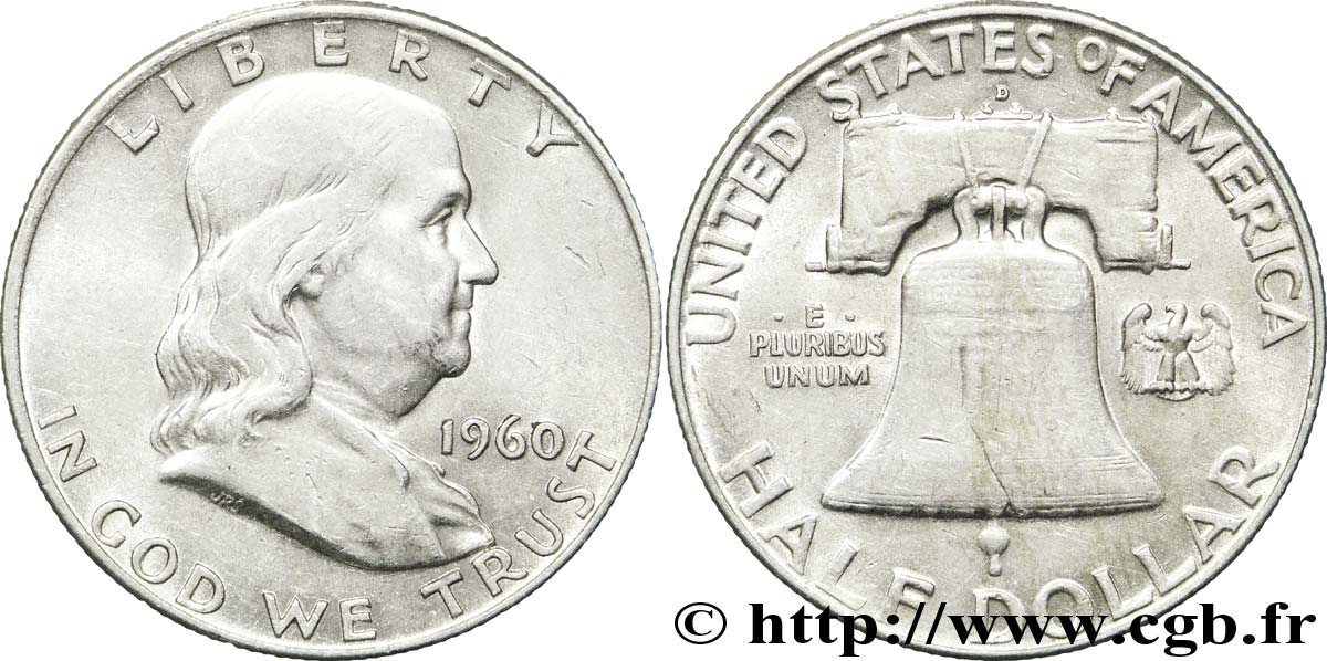 ÉTATS-UNIS D AMÉRIQUE 1/2 Dollar Benjamin Franklin 1960 Denver TB+ 