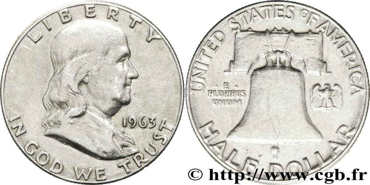 ÉTATS-UNIS D AMÉRIQUE 1/2 Dollar Benjamin Franklin 1963 Philadelphie TB+ 