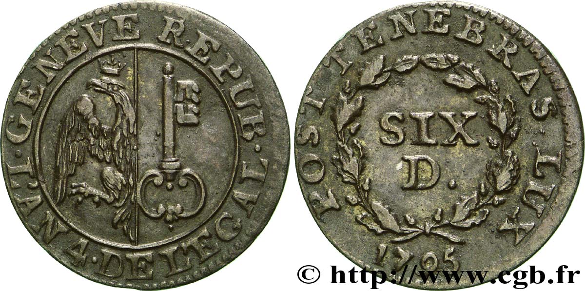 SUISSE - RÉPUBLIQUE DE GENÈVE 6 Deniers République de Genève monnayage réformé de 1795-1798 1795  TTB 