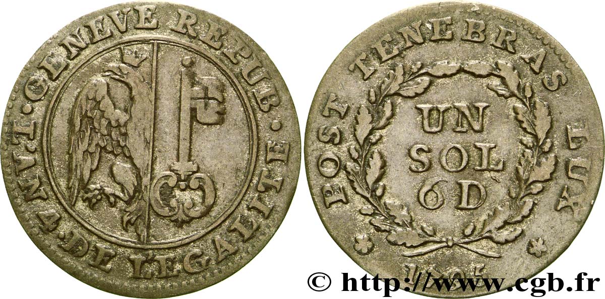 SUISSE - RÉPUBLIQUE DE GENÈVE 1 Sol - Six Deniers République de Genève monnayage réformé de 1795-1798 1795  TB+ 