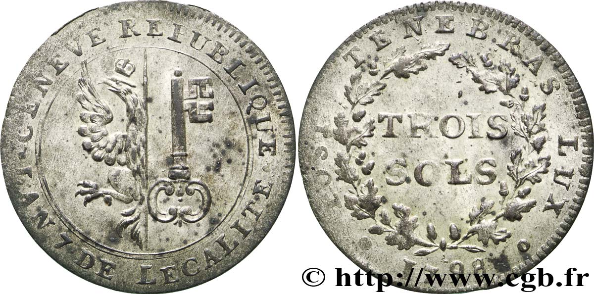 SUISSE - RÉPUBLIQUE DE GENÈVE 3 Sols République de Genève monnayage réformé de 1795-1798 1798  TTB 