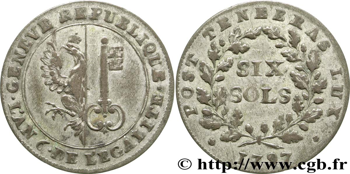SUISSE - RÉPUBLIQUE DE GENÈVE 6 Sols Deniers République de Genève monnayage réformé de 1795-1798 1797  TB+ 