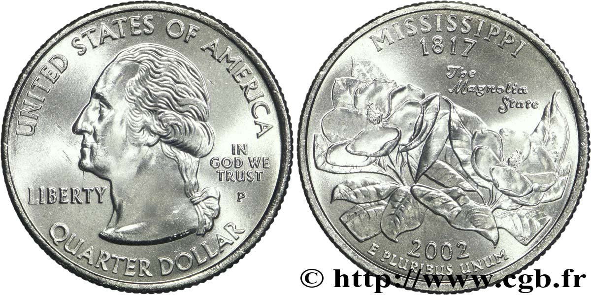 UNITED STATES OF AMERICA 1/4 Dollar Mississippi : the ‘magnolia state’ 2002 Philadelphie MS 