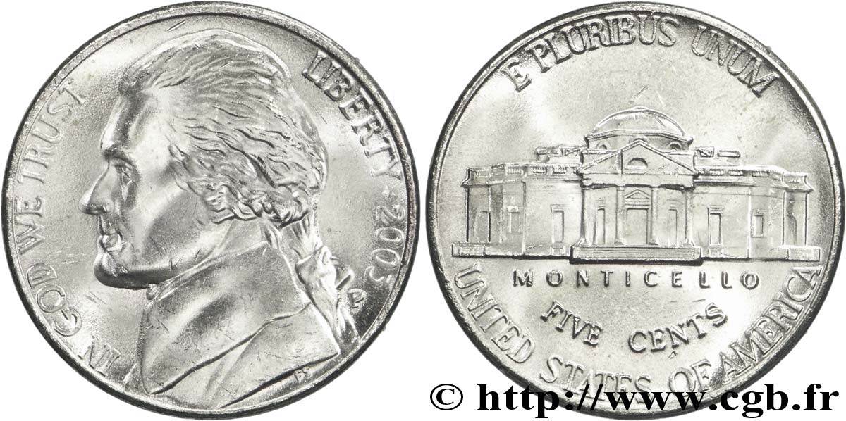 UNITED STATES OF AMERICA 5 Cents président Thomas Jefferson / Monticello 2003 Philadelphie - P MS 