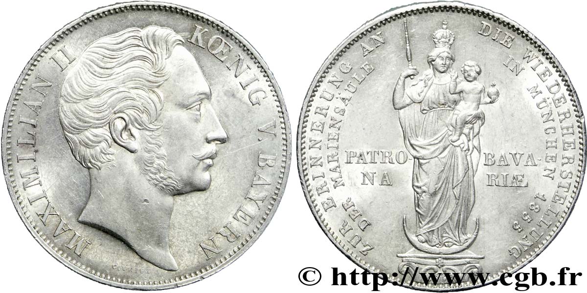 ALLEMAGNE - BAVIÈRE 2 Gulden (Mariengulden) Maximilien II roi de Bavière / Madone patronne de la Bavière 1855  SUP 