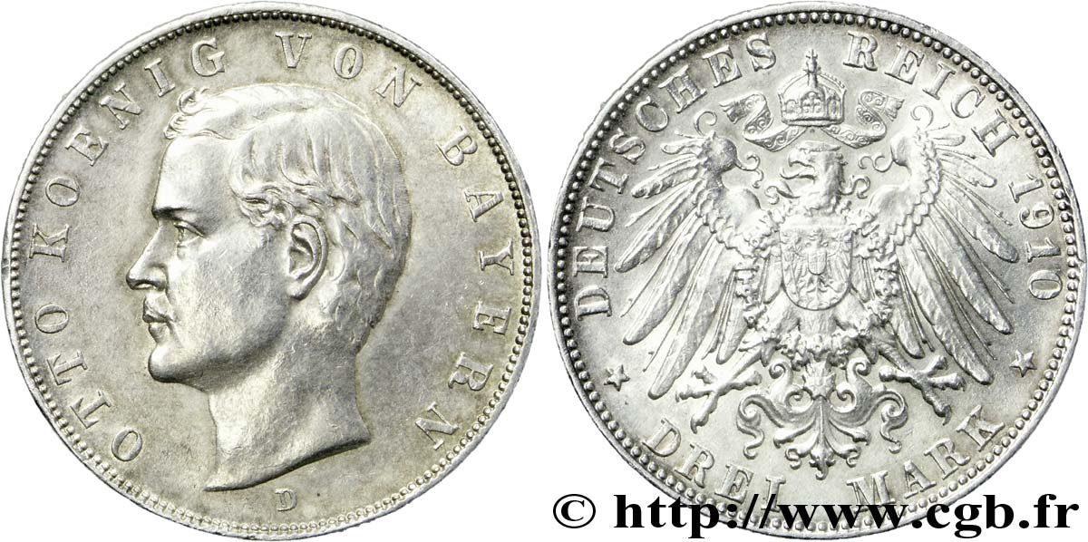 ALLEMAGNE - BAVIÈRE 3 Mark Othon roi de Bavière / aigle impérial héraldique 1910 Munich - D SUP 