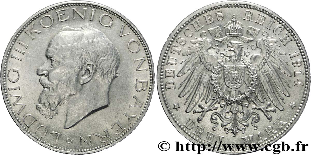 ALLEMAGNE - BAVIÈRE 3 Mark Louis III roi de Bavière / aigle impérial héraldique 1914 Munich - D TTB+ 