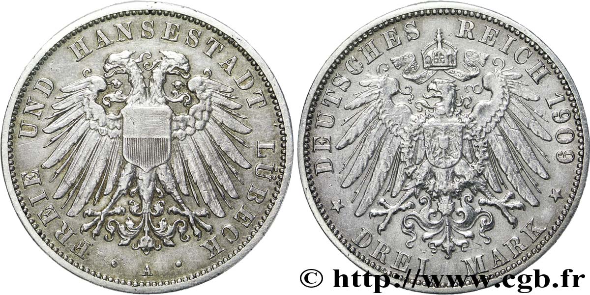 ALLEMAGNE - VILLE LIBRE DE LÜBECK 3 Mark armes de la ville / aigle impérial héraldique 1909 Berlin TTB+ 