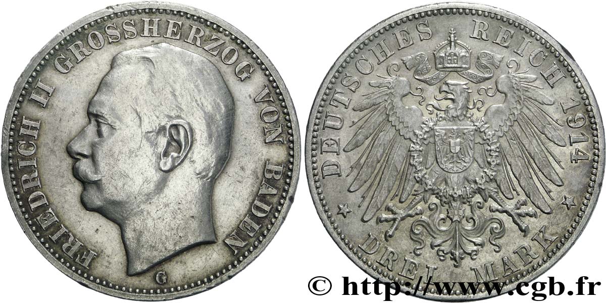 ALEMANIA - BADEN 3 Mark Frédéric II roi grand duc de Bade / aigle impérial héraldique 1914 Karlsruhe - G EBC 