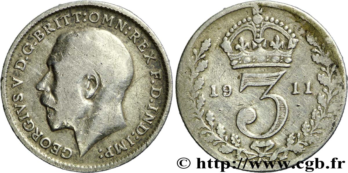 ROYAUME-UNI 3 Pence Georges V / couronne 1911  TB 
