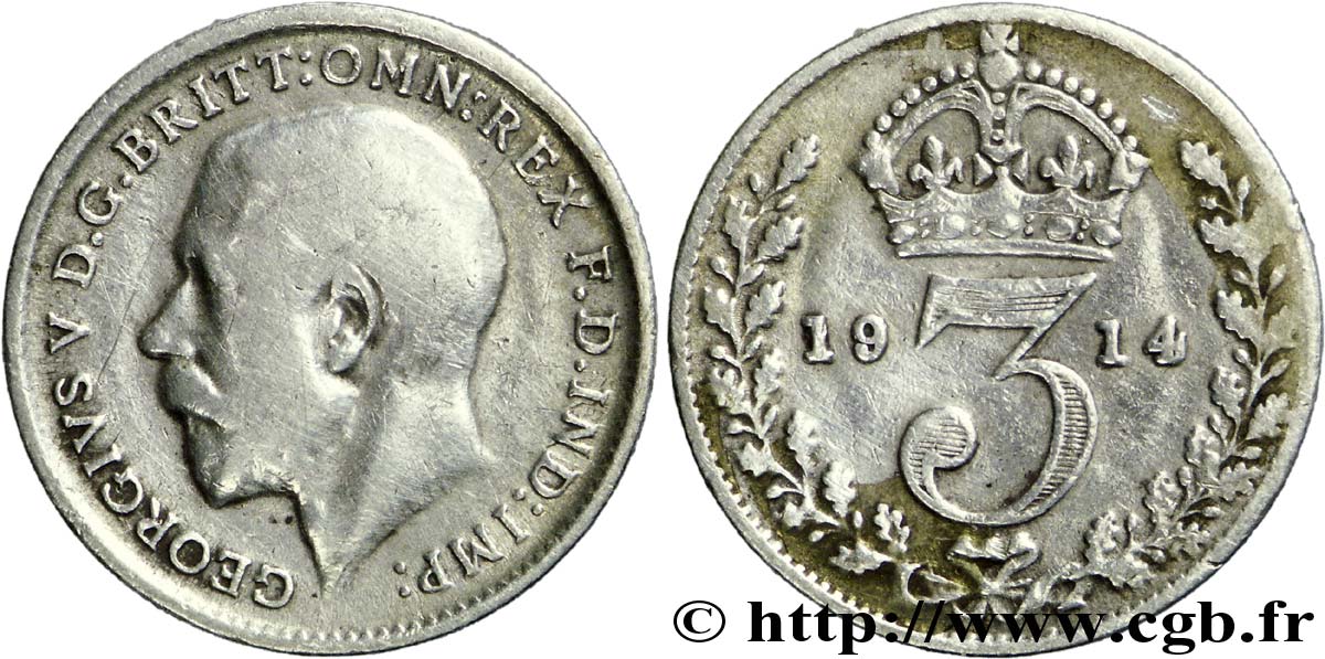 ROYAUME-UNI 3 Pence Georges V / couronne 1914  TB 