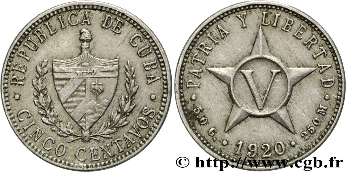 CUBA 5 Centavos emblème 1920  TTB 