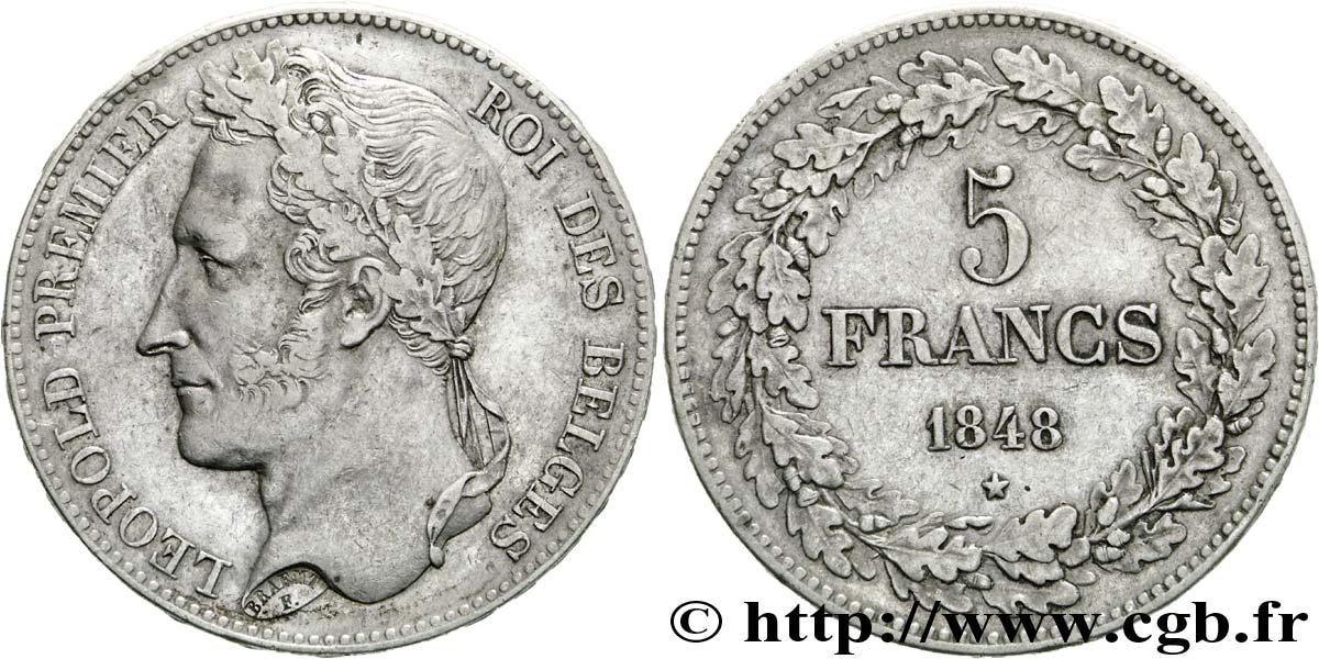 BELGIQUE 5 Francs Léopold Ier tête laurée 1848  TTB+ 