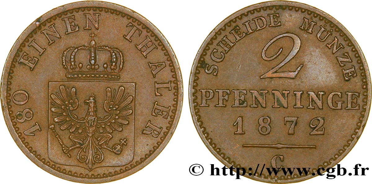 GERMANIA - PRUSSIA 2 Pfenninge Royaume de Prusse écu à l’aigle 1872 Francfort - C q.SPL 