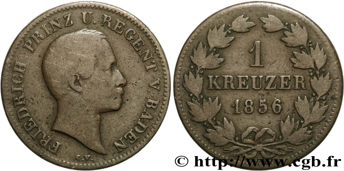 ALLEMAGNE - BADE 1 Kreuzer Frédéric prince régent de Bade 1856  B+ 