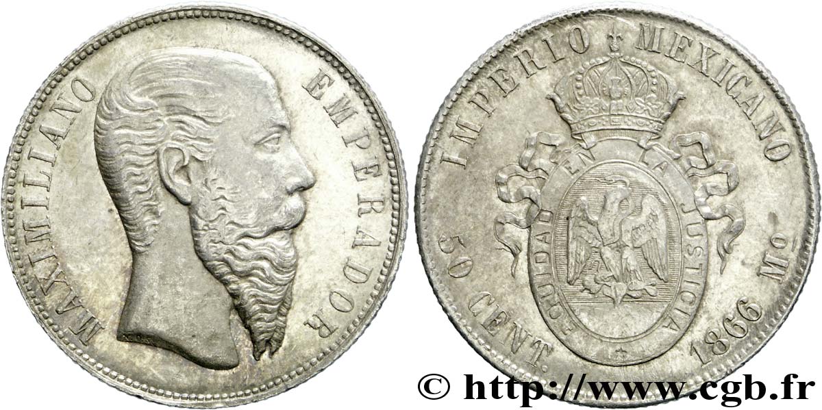 MEXIQUE 50 Centavos Empereur Maximilien 1866 Mexico TTB+ 