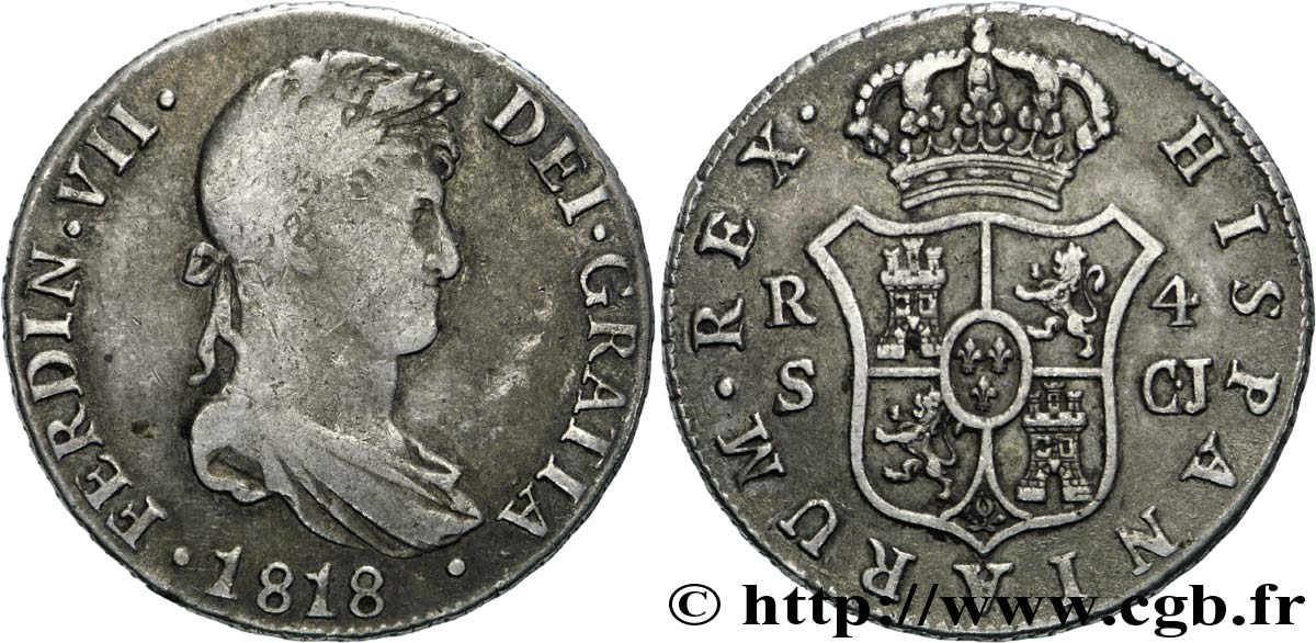 ESPAGNE 4 Reales Ferdinand VII CJ 1818 Séville TB 
