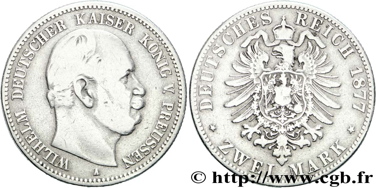 ALLEMAGNE - PRUSSE 2 Mark royaume de Prusse Guillaume Ier, 1e type / aigle héraldique 1877 Berlin TB 