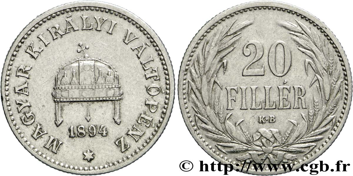 HONGRIE 20 Filler couronne 1894 Kremnitz - KB SUP 