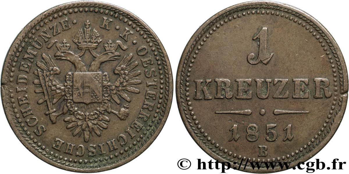 AUTRICHE 1 Kreuzer emblème 1851 Kremnitz - B SUP 