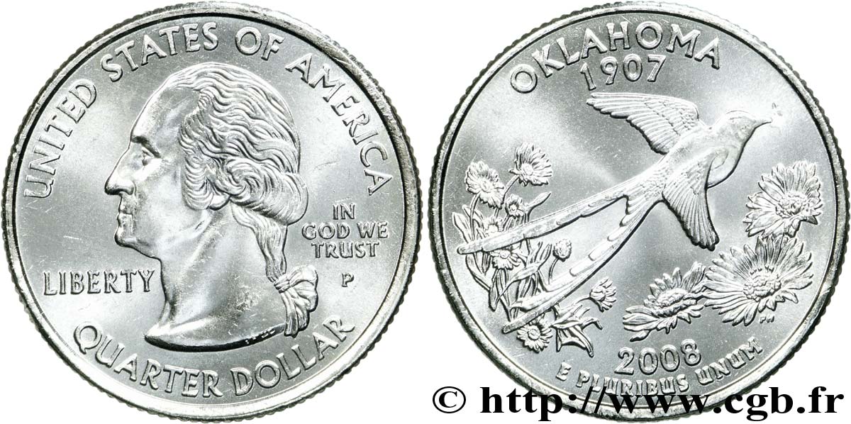 UNITED STATES OF AMERICA 1/4 Dollar Oklahoma : oiseau (tyran à longue queue) et flore (gaillardes) 2008 Philadelphie MS 