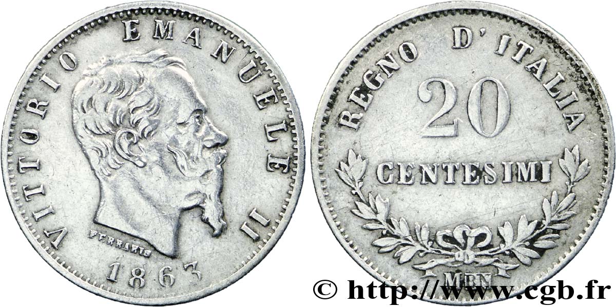 ITALIE 20 Centesimi Victor Emmanuel II 1863 Milan - M TTB 