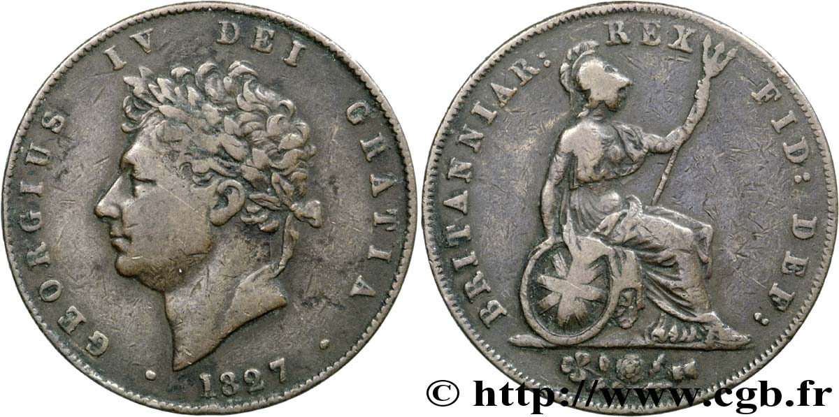 ROYAUME-UNI 1/2 Penny Georges IV tête laurée / Albion 1827  TB+ 