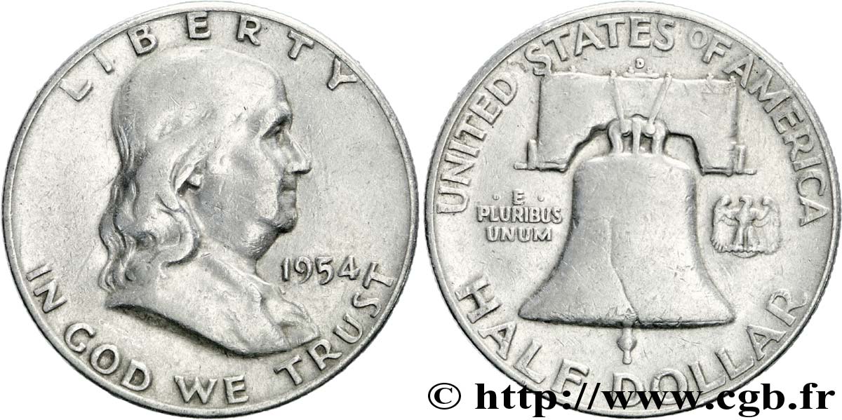 ÉTATS-UNIS D AMÉRIQUE 1/2 Dollar Benjamin Franklin 1954 Denver TB+ 