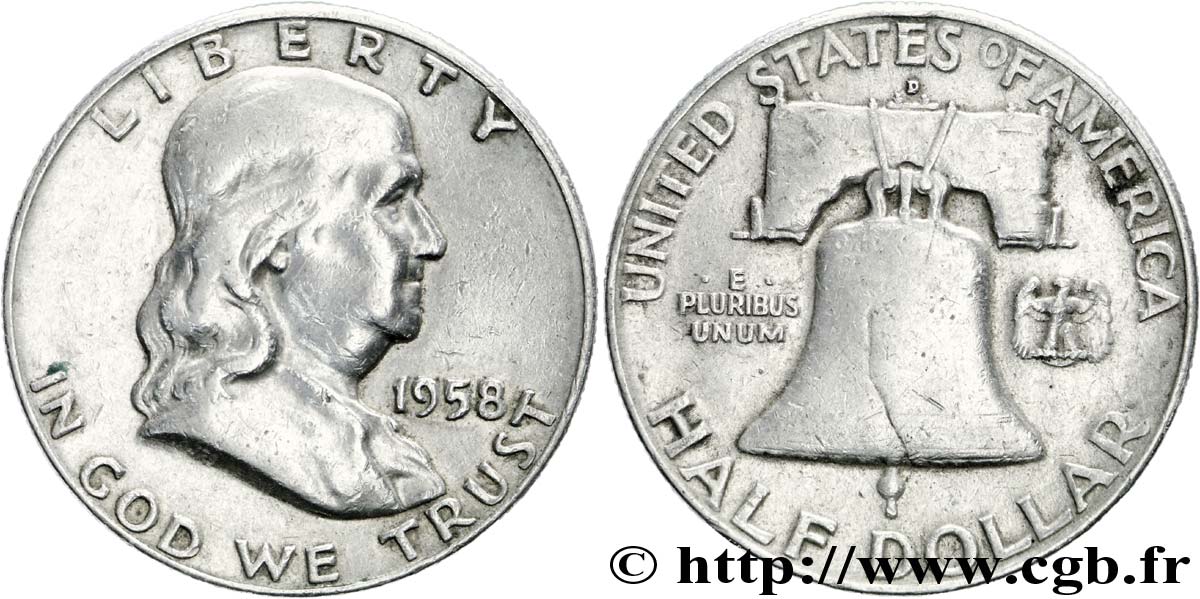 ÉTATS-UNIS D AMÉRIQUE 1/2 Dollar Benjamin Franklin 1958 Denver TB+ 