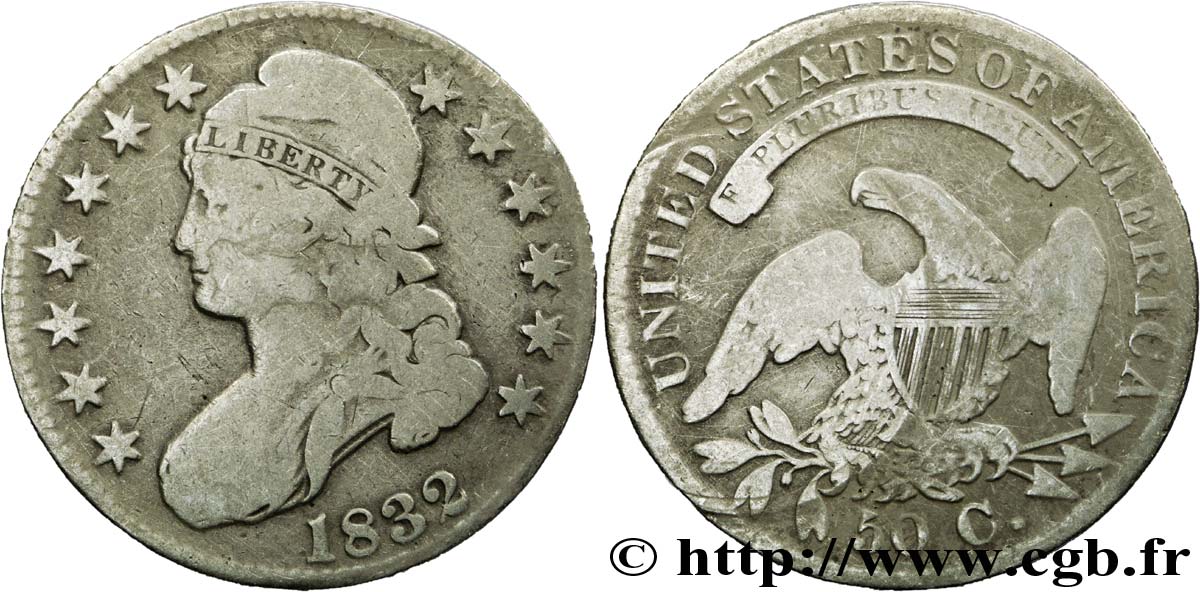 ÉTATS-UNIS D AMÉRIQUE 50 Cents (1/2 Dollar) type “Capped Bust” 1832 Philadelphie B+ 