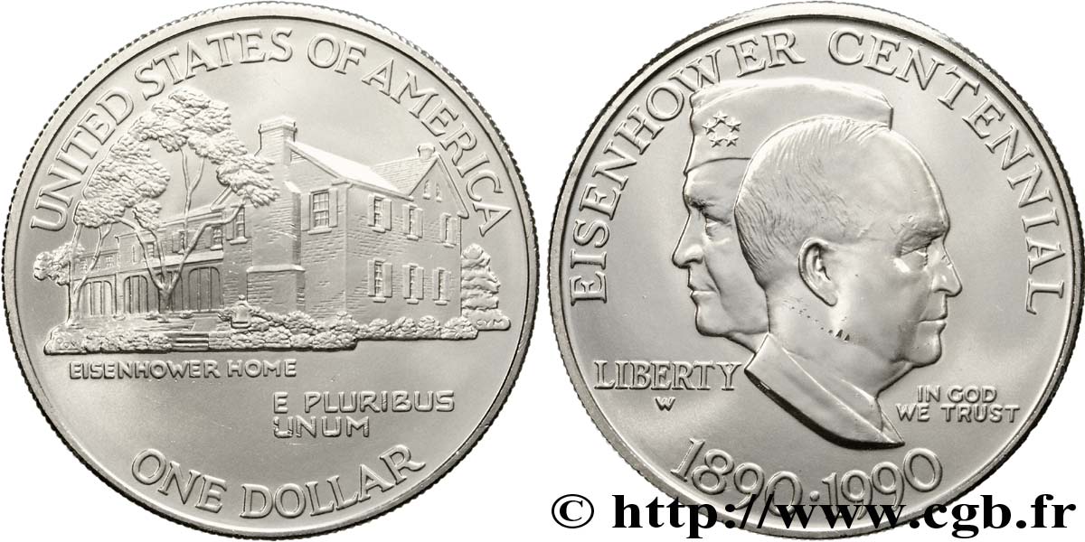 ÉTATS-UNIS D AMÉRIQUE 1 Dollar centenaire de la naissance du général Eisenhower : vues de profil / sa maison de Gettysburg 1990 West Point - W SPL 