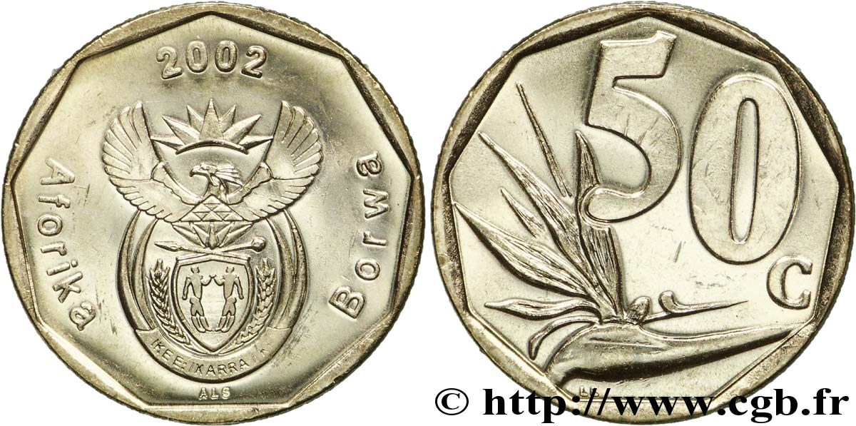 AFRIQUE DU SUD 50 Cents emblème / fleur oiseau de paradis 2002  SPL 